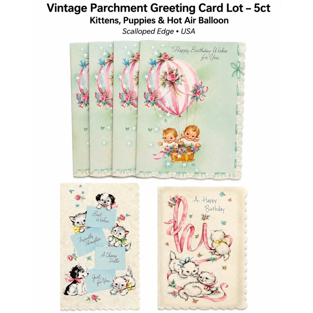 Vintage Greeting Card Lot Kittens Puppies Hot Air Balloon Scalloped Edge 5ct USA